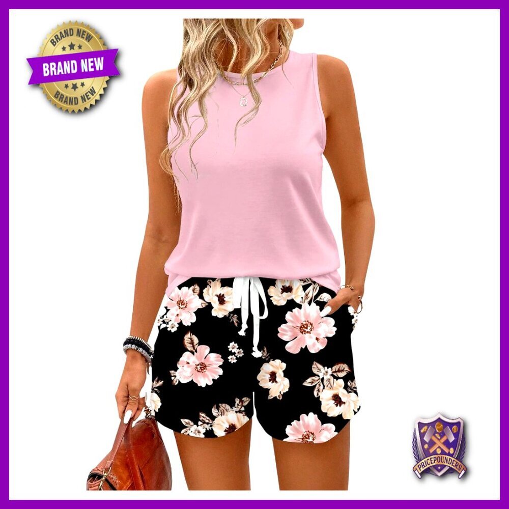 Plus Size 2 Piece Shorts Set Sleeveless Tank Top Floral Print Vacation Outfit